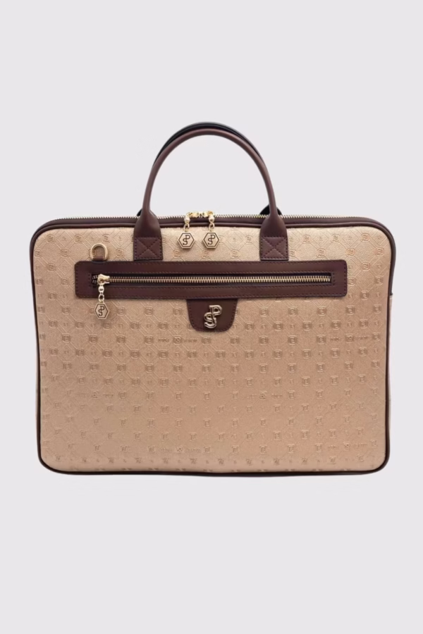 Чанта за лаптоп от висококачествена екокожа в бежов и кафяво