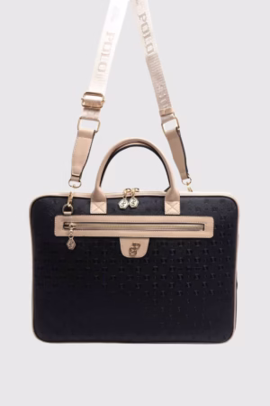 Чанта за лаптоп от висококачествена екокожа в черен и бежов цвят