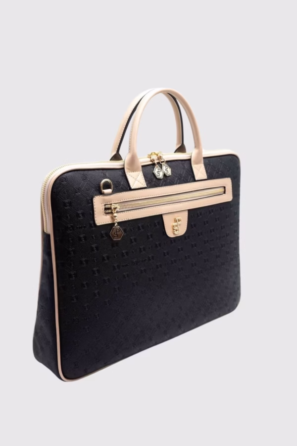 Чанта за лаптоп от висококачествена екокожа в черен и бежов цвят