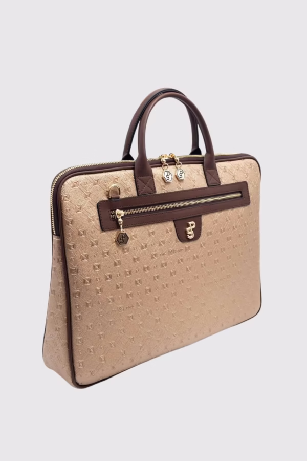 Чанта за лаптоп от висококачествена екокожа в бежов и кафяво