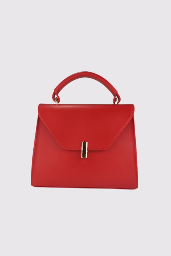 Стилна твърда дамска чанта с лъскава закопчалка – червена