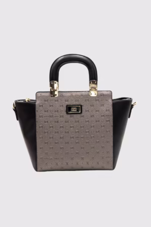 Голяма твърда дамска чанта в цвят сиво и кафяво Silver&Polo