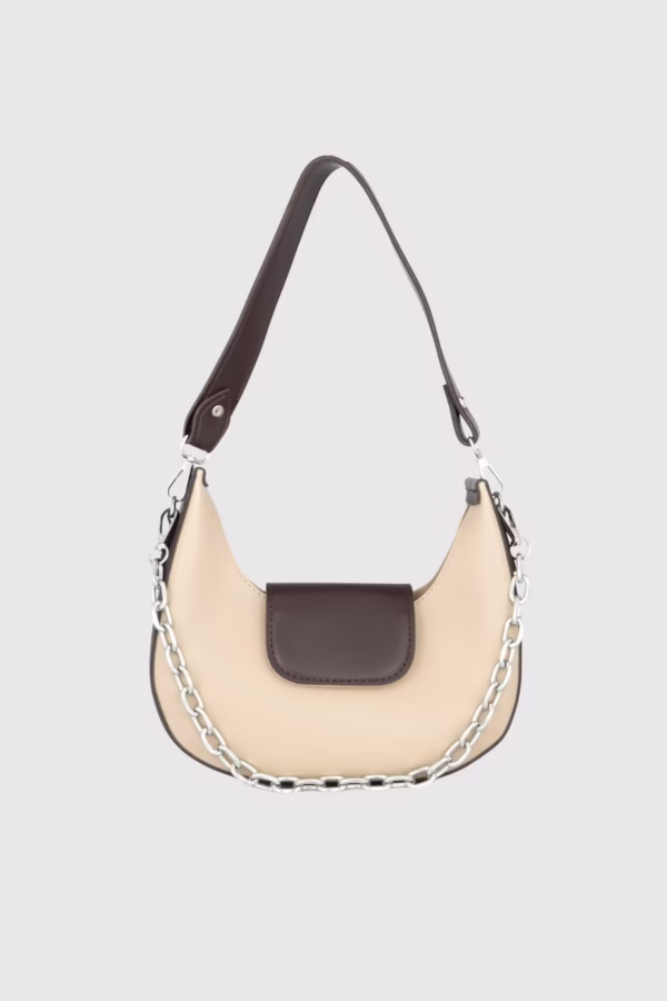 Дамска чанта хобо с метална верижка в цвят бежово и кафяво - 3 15