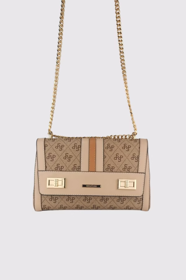 Дамска чанта „Лора“ в бежово и кафяво с дълга синджирена дръжка