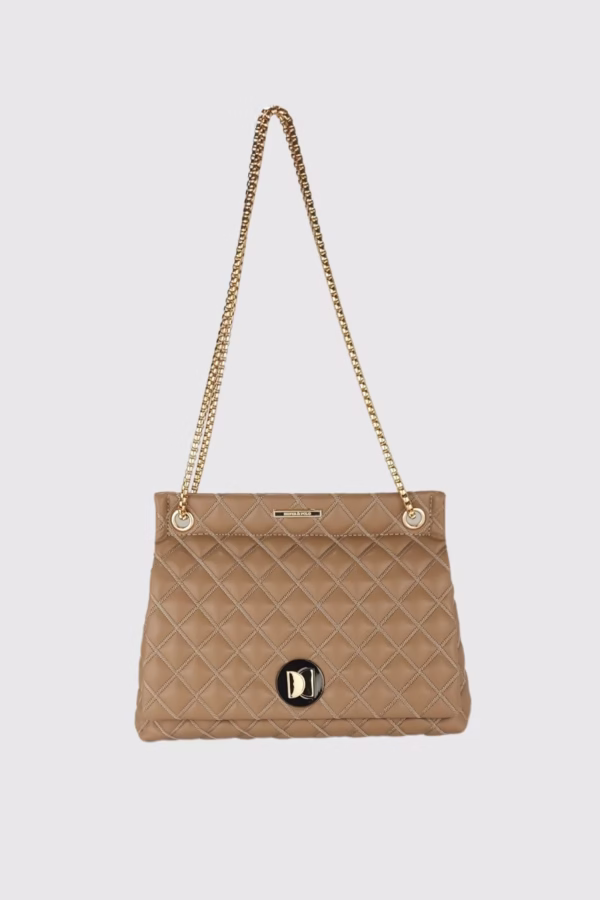 Капитонирана дамска чанта с верижна дръжка в цвят бежово Silver&Polo